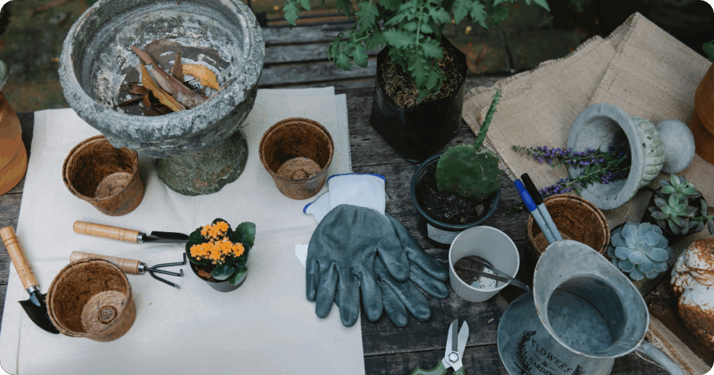 鉢植えや手袋などが乱雑に置かれている様子